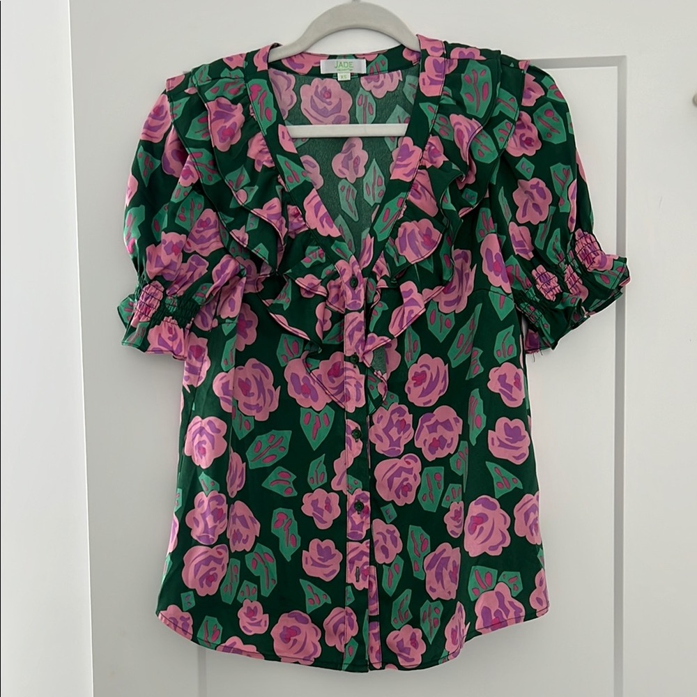 Pink and Green Puff Sleeve Ruffled Blouse
